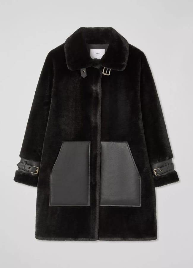 L.K.Bennett Mirren Faux Fur & Leather Strap Coat, Black