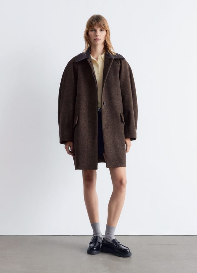 model wearing & Other Stories Oversized Leather-Collar Wool Coat