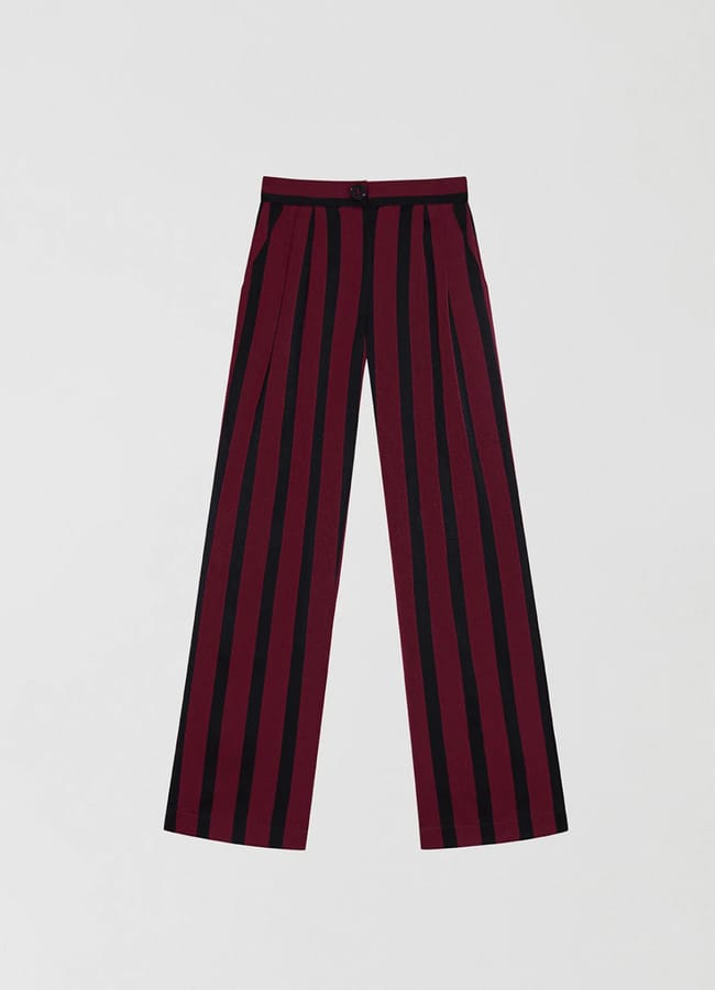 burgundy and black stripe trousers