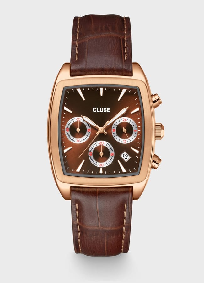 Quartaut Chrono Watch leather, Brown, Rose gold Colour