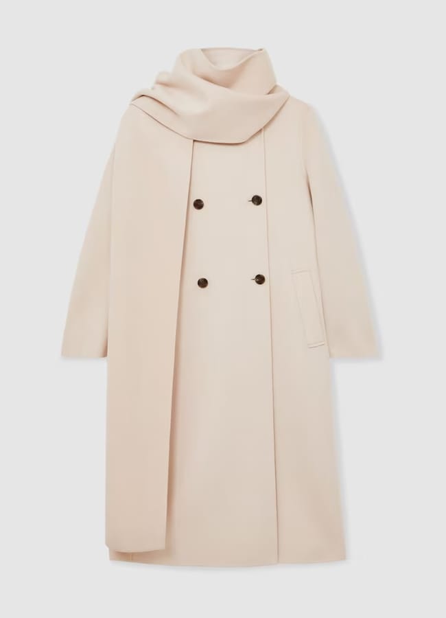 reiss Wool-Blend Scarf Blindseam Coat in Cream