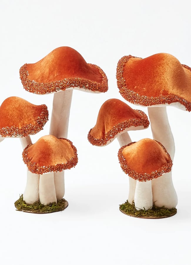 Tall Orange Beaded Velvet Mushrooms (Pair)