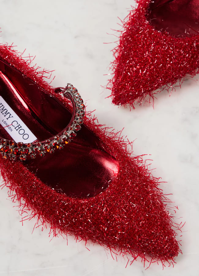 red Jimmy Choo Bing tinsel-embellished Mary Jane flats