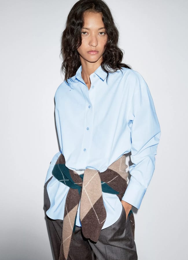 model wearing Long 100% cotton poplin shirt