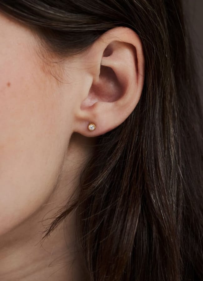 model close up wearing Mini Solitaire Lab-Grown Diamond Stud Earring