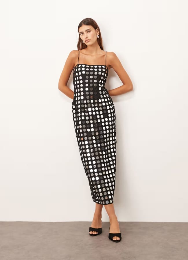 mirror embellished cami column midi dress