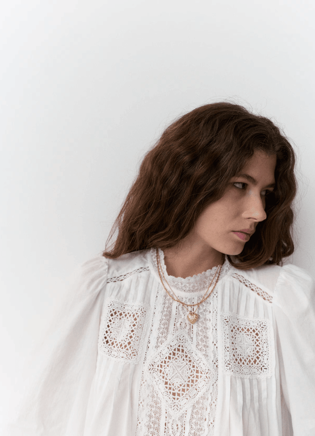 model wearing Pure Cotton Crew Neck Lace Front Blouse