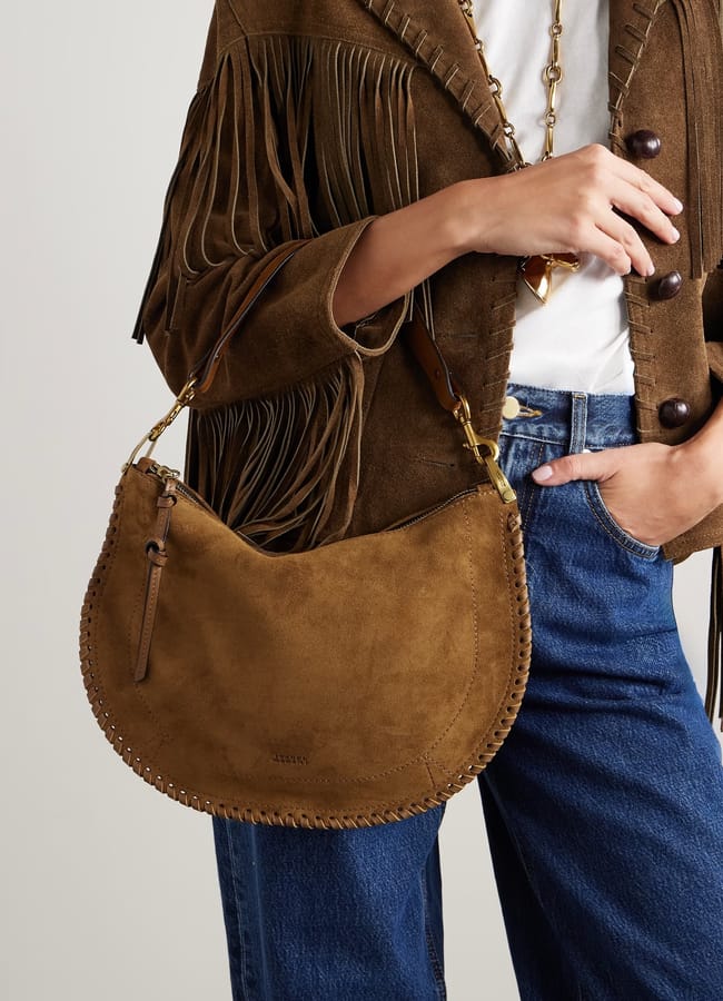 model holding net ISABEL MARANT Oskan Soft Zipped leather-trimmed suede shoulder bag £570