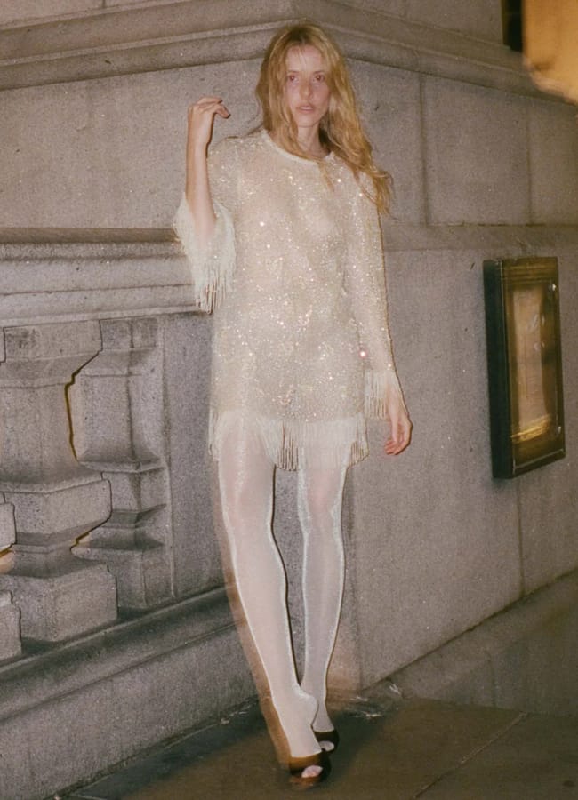 model wearing Doen NOEMI DRESS IN PIERRE DE LUNE