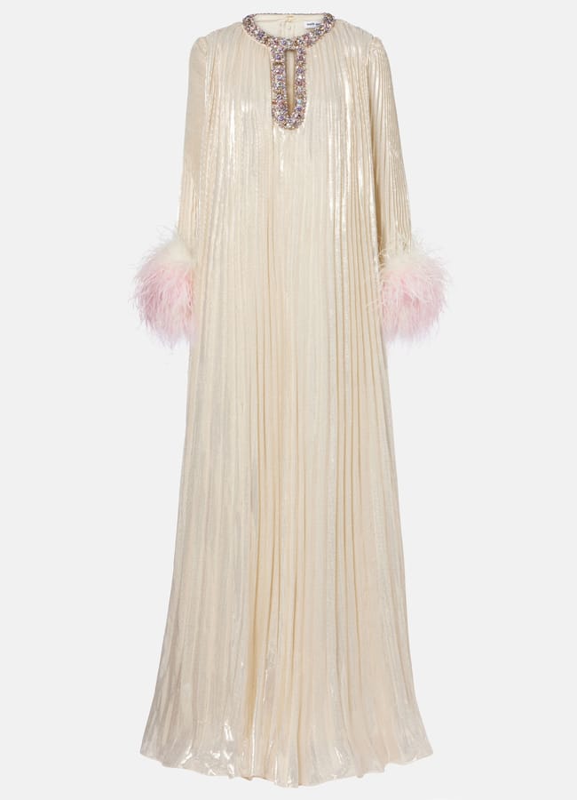 Self-Portrait Embellished feather-trimmed silk-blend maxi dress