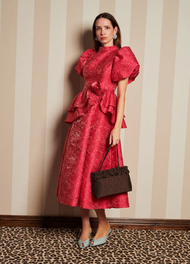 model wearing red SJ REAM Boudoir Jacquard Midi Dress