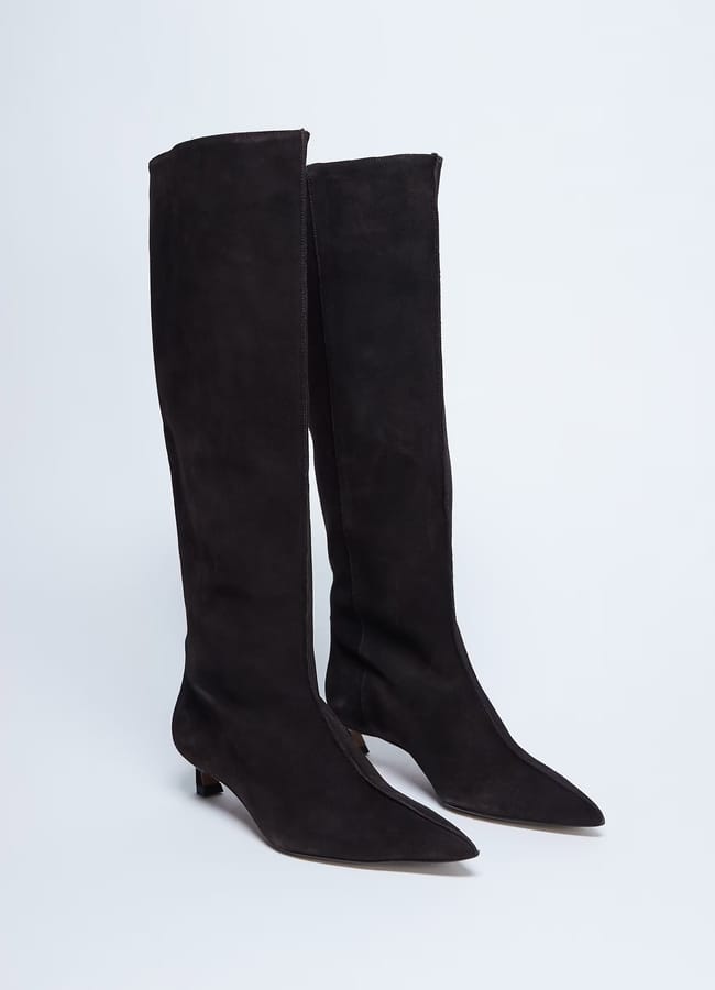 Topsho[ Sophie Premium suede leather point toe knee high boot in chocolate