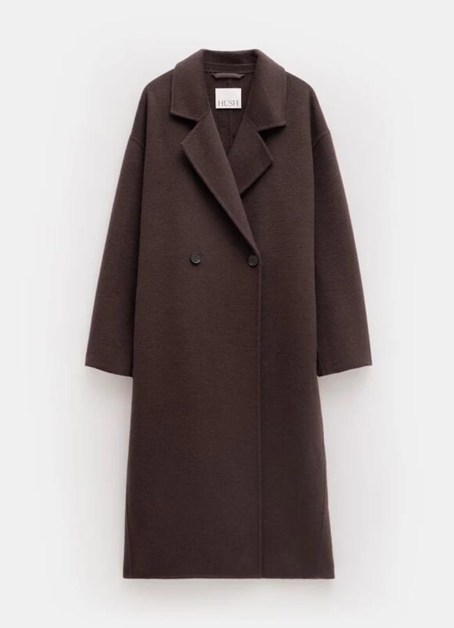 A long, dark brown wool coat with wide lapels, long sleeves, and a double-breasted front—perfect for pairing with brown trousers—displayed against a plain white background.