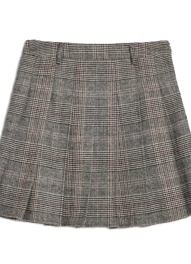 A grey checked A-line skirt with pleats, featuring a classic chequered pattern and belt loops at the waistband—perfect for creating stylish outfits with tights, displayed on a white background.