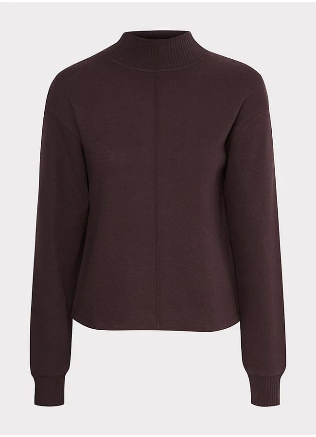 A long-sleeved, dark brown jumper with a ribbed mock neck and cuffs, featuring a subtle vertical seam down the front. Pair it with brown trousers for a relaxed, straight-leg look.