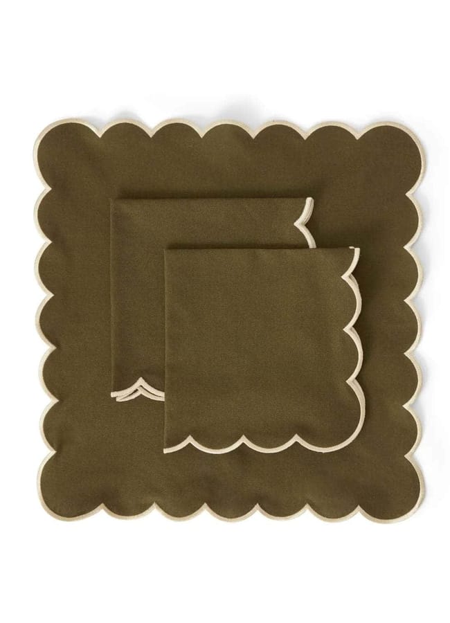 A set of olive green square serviettes with scalloped edges and white trim, layered neatly on a white background—perfect for adding a festive touch to your Christmas tablescape.