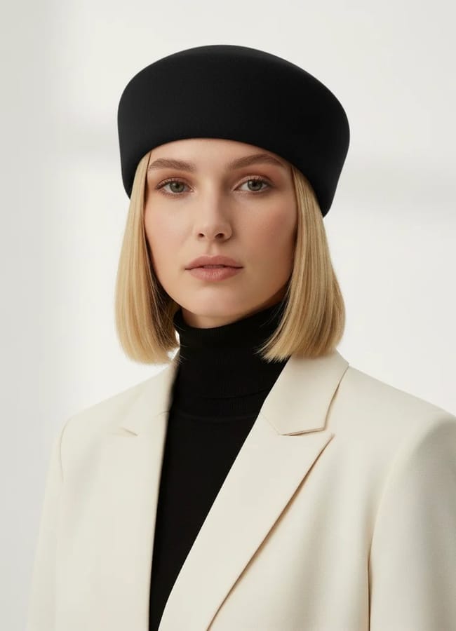 A woman with straight blonde hair wears a black pillbox wool hat, a black polo neck, and a cream-coloured blazer.