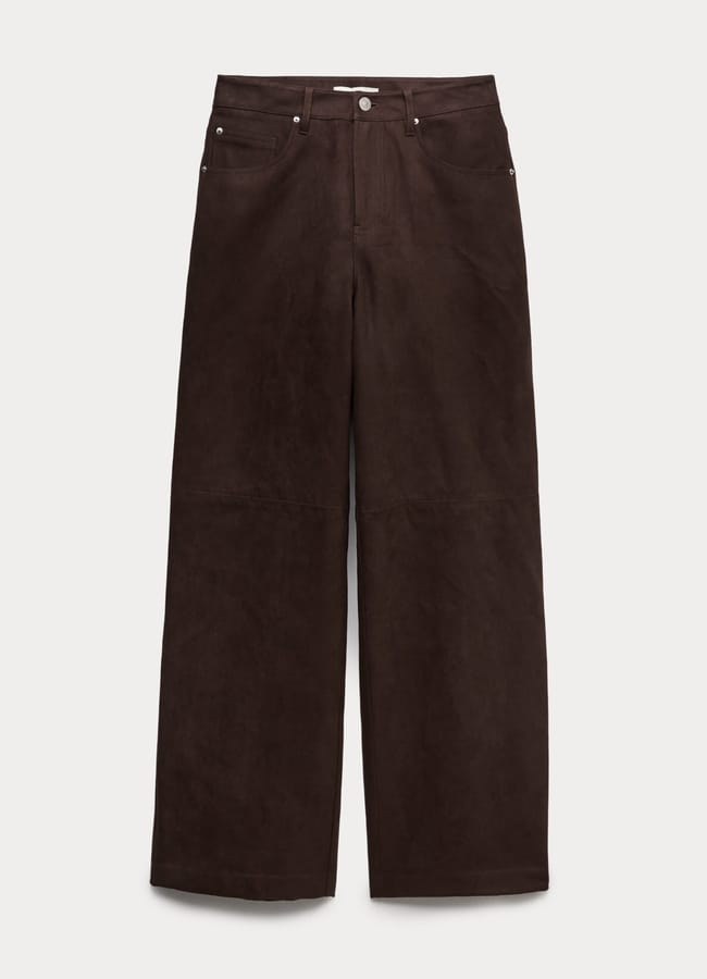 A pair of wide-leg, high-waisted brown trousers in suede with front and back pockets, belt loops, and silver button and rivet details, perfect for chic fashion lovers seeking trendy outfits. Displayed against a plain white background.