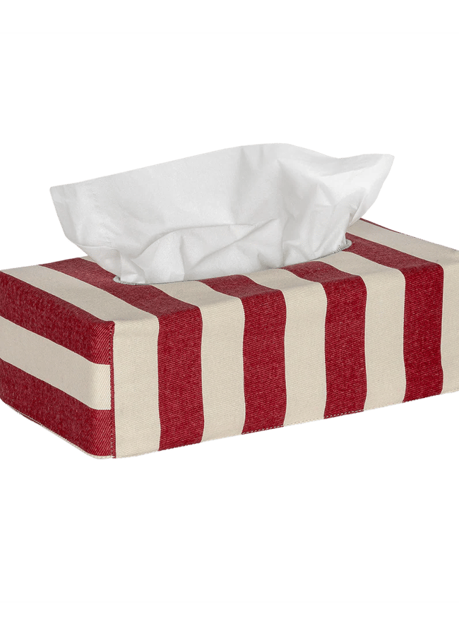 A rectangular tissue box with red and white vertical stripes, inspired by the Unexpected Red Theory in interior design, holds white tissues protruding from the top and is shown against a transparent background.