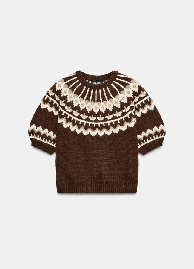 SHORT SLEEVE JACQUARD KNIT JUMPER in brown and cream fair isle print
