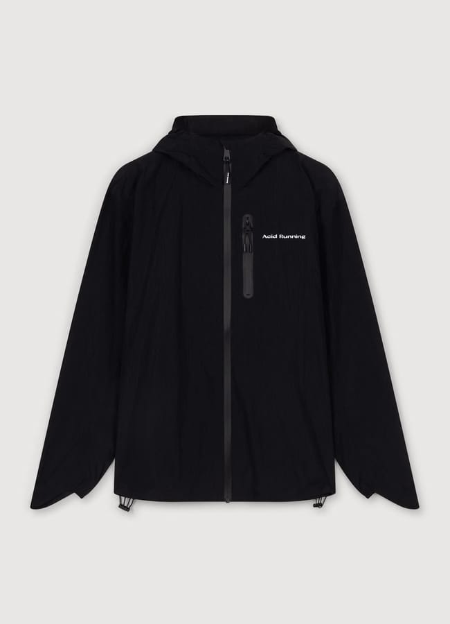 A black hooded jacket with a front zip and a small white Acid Running logo on the left chest, perfect for layering with your favourite gym clothes for men, displayed against a plain light background.