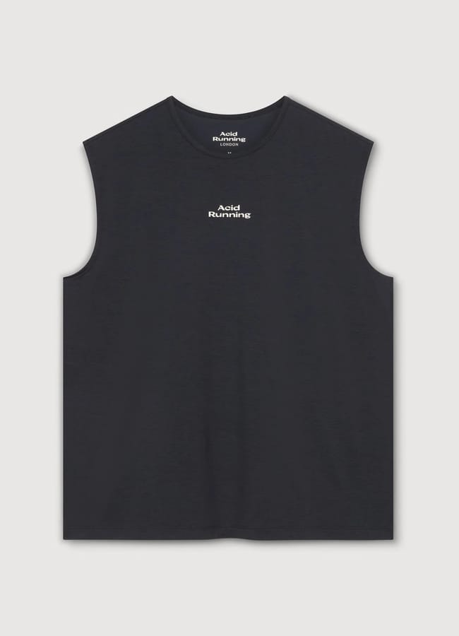 A sleeveless black muscle vest with Acid Running printed in small white text on the chest, laid flat on a plain white background—perfect for anyone seeking stylish gym clothes for men.
