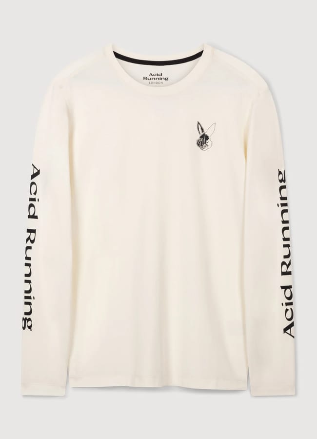 A long-sleeve, off-white shirt—ideal as gym clothes for men—with Acid Running printed in black on both sleeves and a small abstract rabbit head graphic on the left chest.