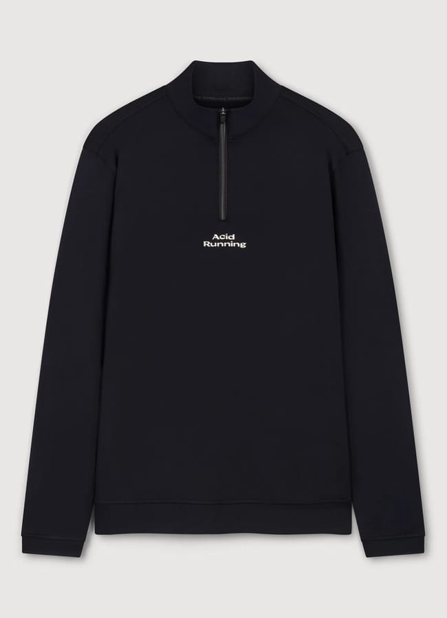 A black long-sleeve sweatshirt with a quarter-zip collar and white Acid Running text centred on the chest, perfect for gym clothes for men, displayed on a plain light grey background.