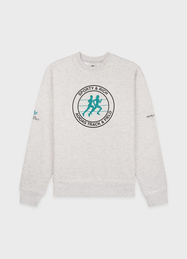 Light grey crewneck sweatshirt with a teal and black Sporty & Rich Adidas Track & Field logo featuring two running figures on the front. A stylish option for gym clothes for men, with small Adidas branding on the sleeves.