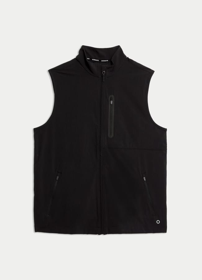 A black sleeveless gilet—ideal for men's gym kit—with a front zip, two zipped side pockets, and one vertical zipped chest pocket, laid flat on a white background.