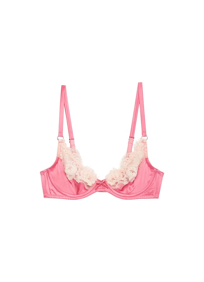 A pink satin lingerie set bra with adjustable straps and white lace trim along the top of the cups, displayed on a plain white background.