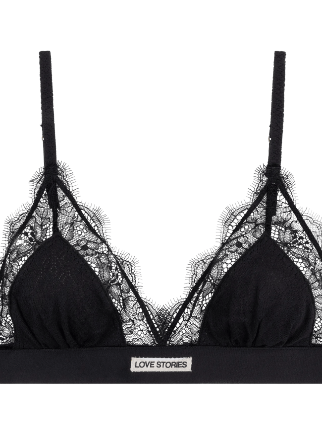Black lace bralette with scalloped edges, thin adjustable straps, and a wide elastic band featuring a Love Stories label in the centre. Pair this bralette with matching bottoms for a complete lingerie set that’s simple and elegant.