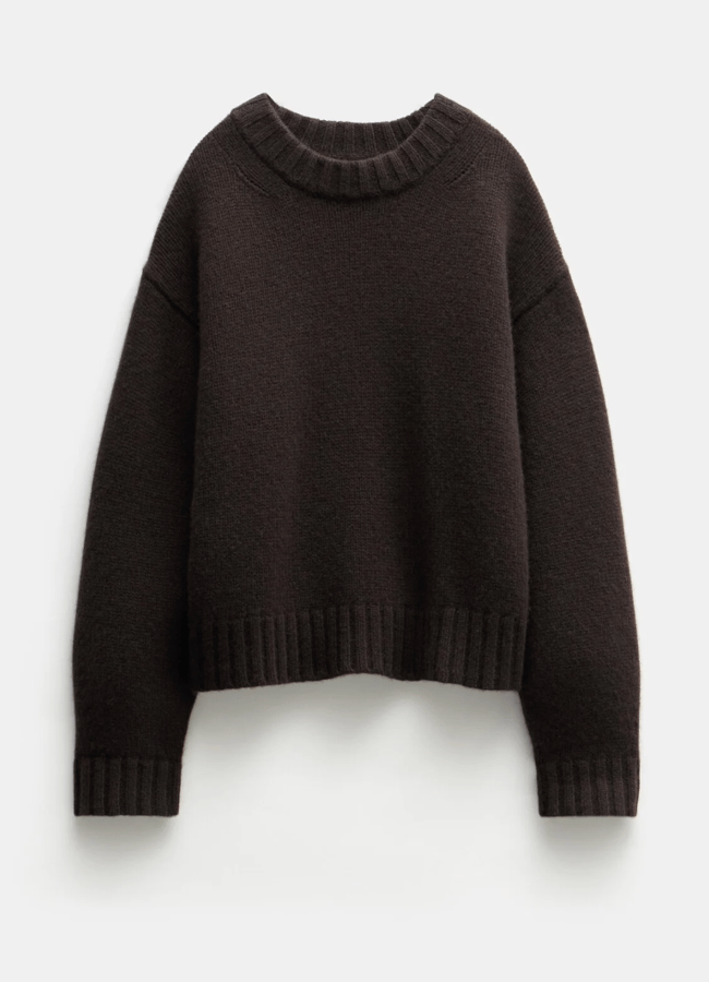 A dark brown, long-sleeve knit jumper with a round ribbed neckline, ribbed cuffs, and a ribbed hem—perfect for pairing with your favourite track bottoms—displayed flat against a plain white background.