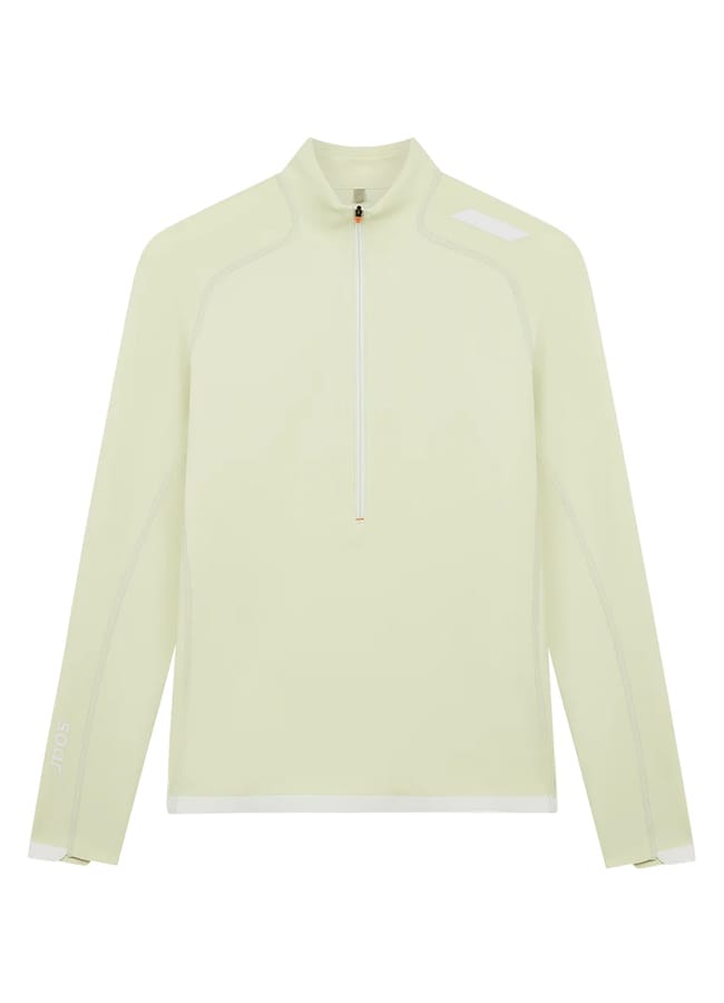 A light yellow long-sleeve athletic jumper, perfect as gym clothes for men, featuring a quarter zip front, high collar, and subtle seam detailing, displayed on a plain white background.