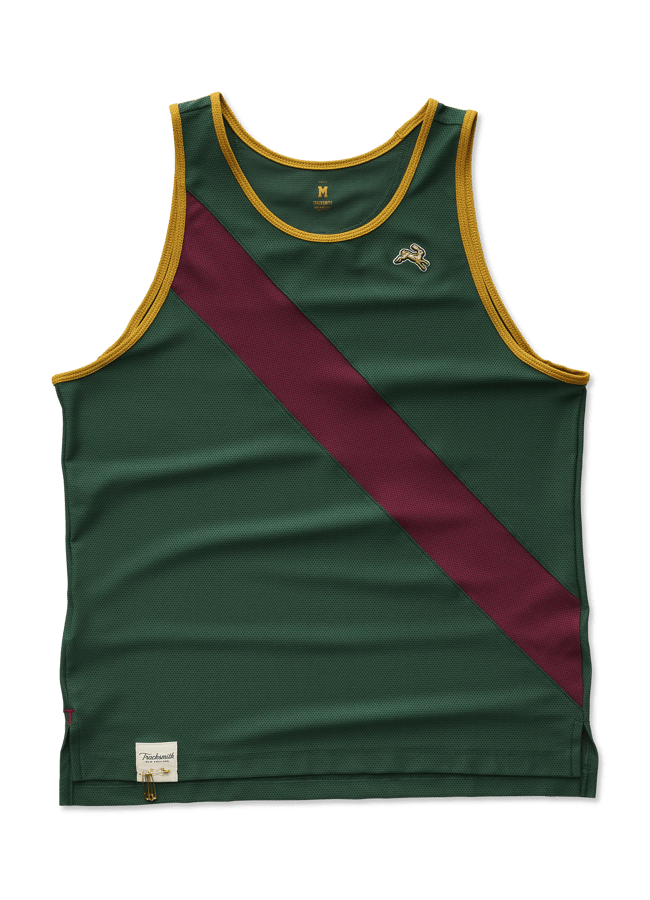 A green vest with yellow trim and a wide diagonal maroon stripe across the front—ideal gym kit for men. Features a small embroidered logo on the left chest and a white label near the hem.