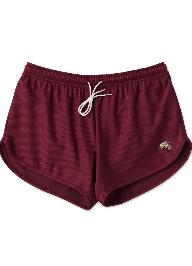A pair of maroon athletic shorts with a white drawstring and a small embroidered logo on the left leg, perfect as gym kit for men, displayed on a plain white background.