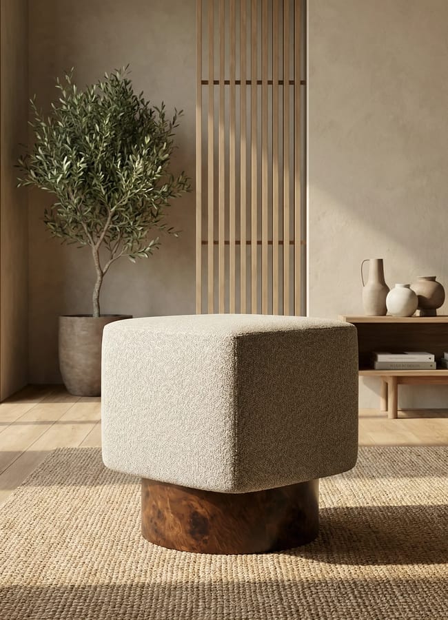 A modern, minimalist room with a textured beige ottoman on a wooden base, a potted indoor tree, woven rug, and low wooden shelf with neutral decor. Sunlight streams in through a large window.
