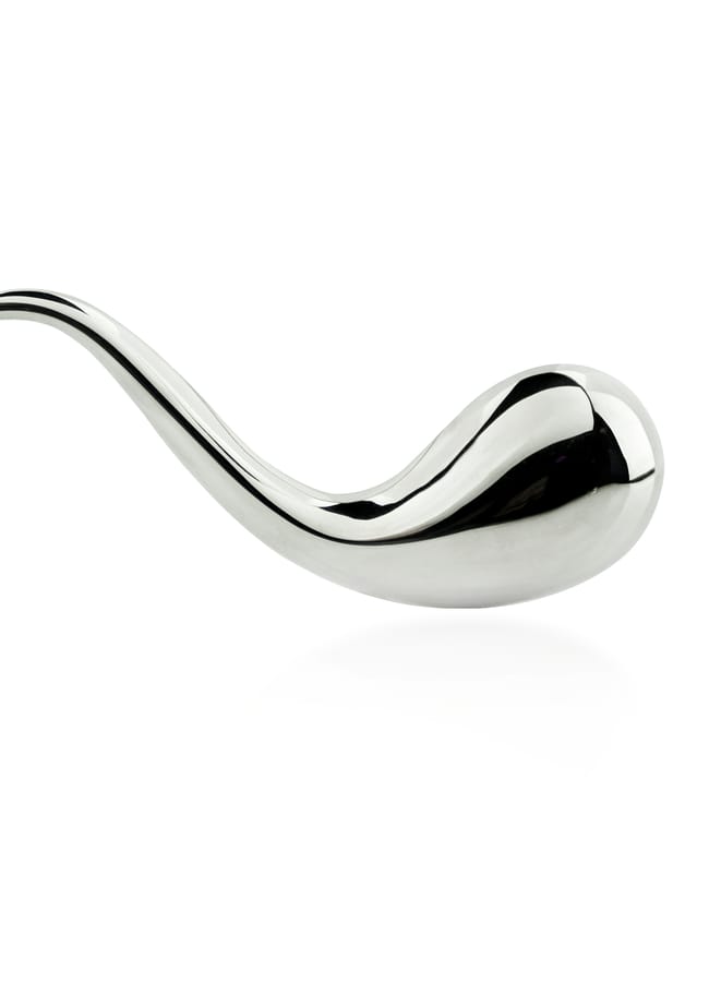 A sleek, shiny, silver brooch with a teardrop shape and a long, curved tail—this elegant fashion accessory is displayed against a plain white background.