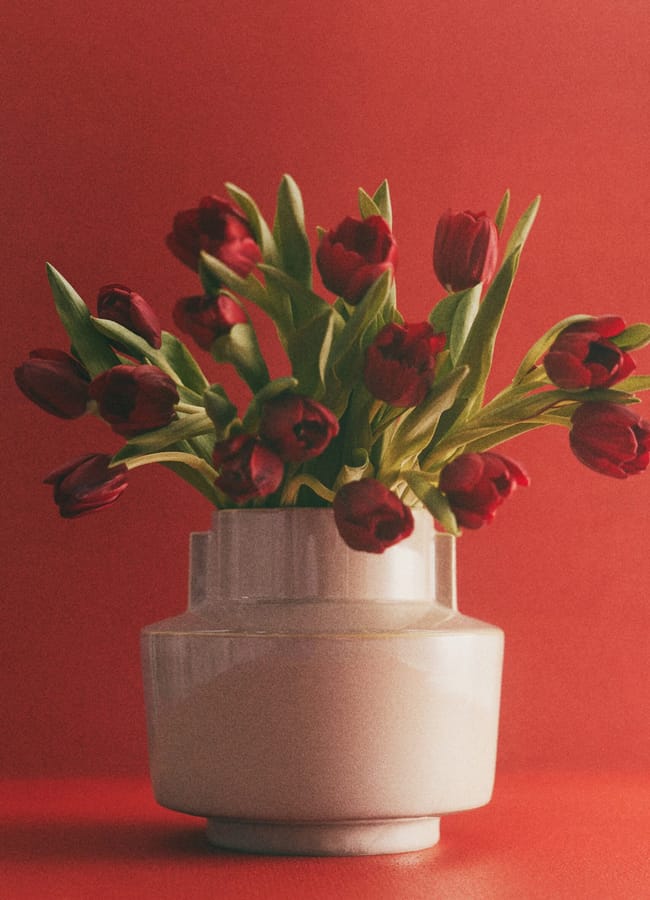 A white ceramic vase holds a bouquet of dark red tulips with green leaves, set against a vivid red background—a striking accent for red and pink interiors.