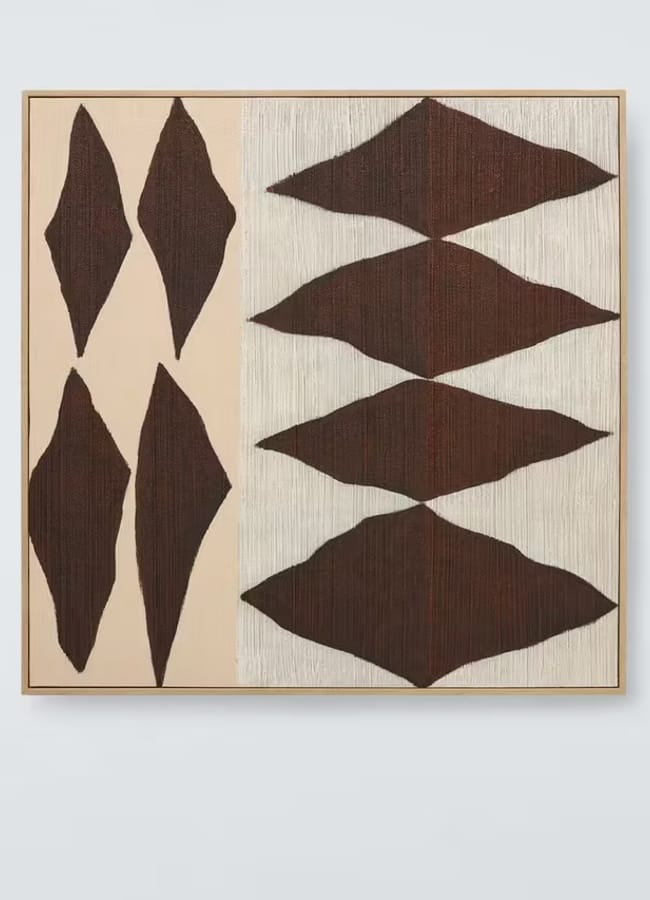 A framed abstract artwork ideal for high street homeware, featuring six vertical brown diamond shapes on the left and five horizontal brown diamonds on the right, set against cream and white textured backgrounds.