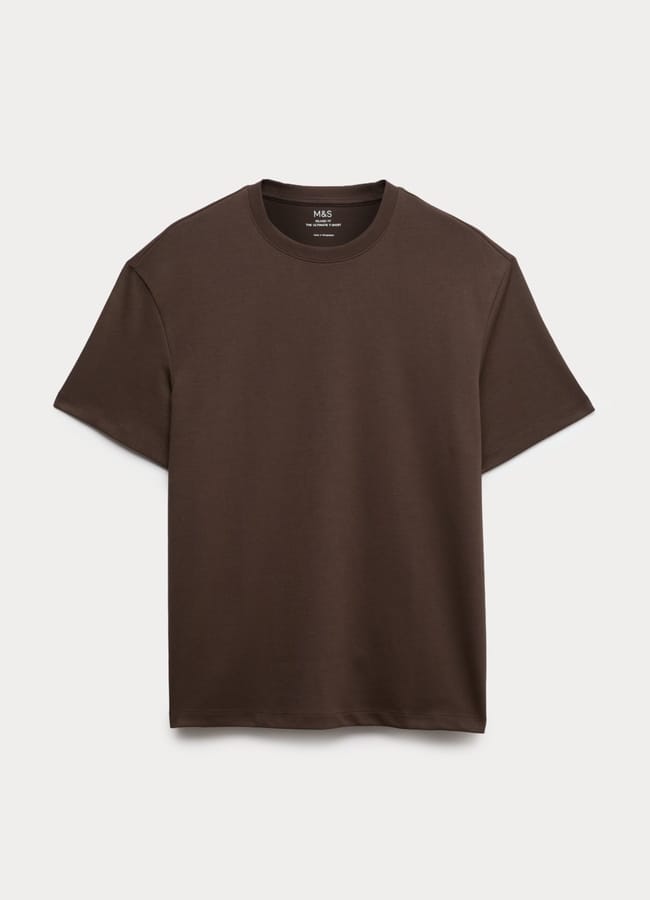 A plain, short-sleeved, dark brown T-shirt is displayed on a white background—perfect for effortless Casual Date Night Looks.