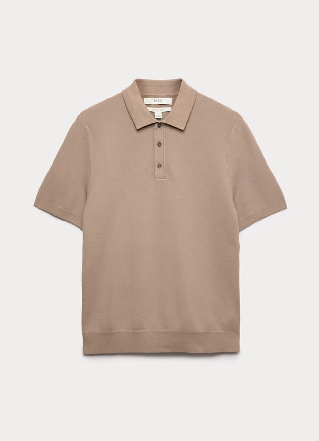 A beige short-sleeve knitted polo shirt with a collar and three buttons, displayed flat against a white background—perfect for effortless Casual Date Night Looks.