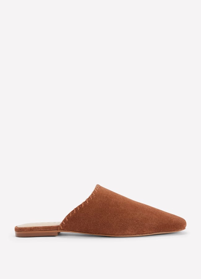 A brown suede slip-on mule from Boden fashion, featuring a closed pointed toe and flat sole, shown in side profile against a plain white background.