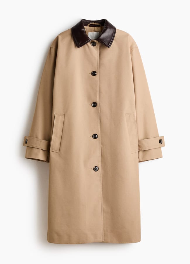 women's beige Twill car coat with contrast leather collar