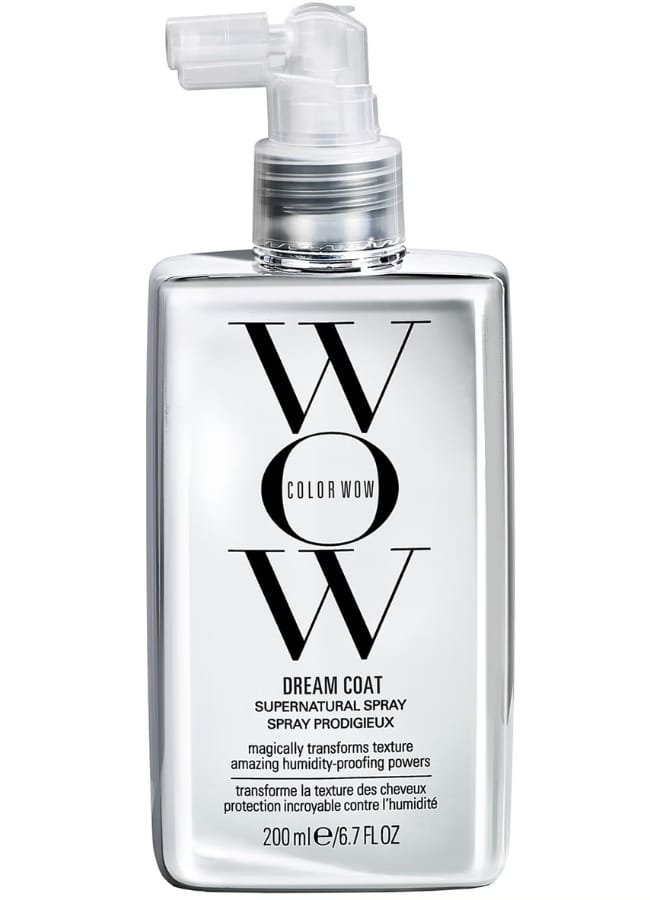 A clear plastic bottle of Colour Wow Dream Coat Supernatural Spray with a spray nozzle, containing 200 ml (6.7 fl oz), featuring black text and a modern label—perfect for achieving that iconic Pamela Anderson mullet shine.