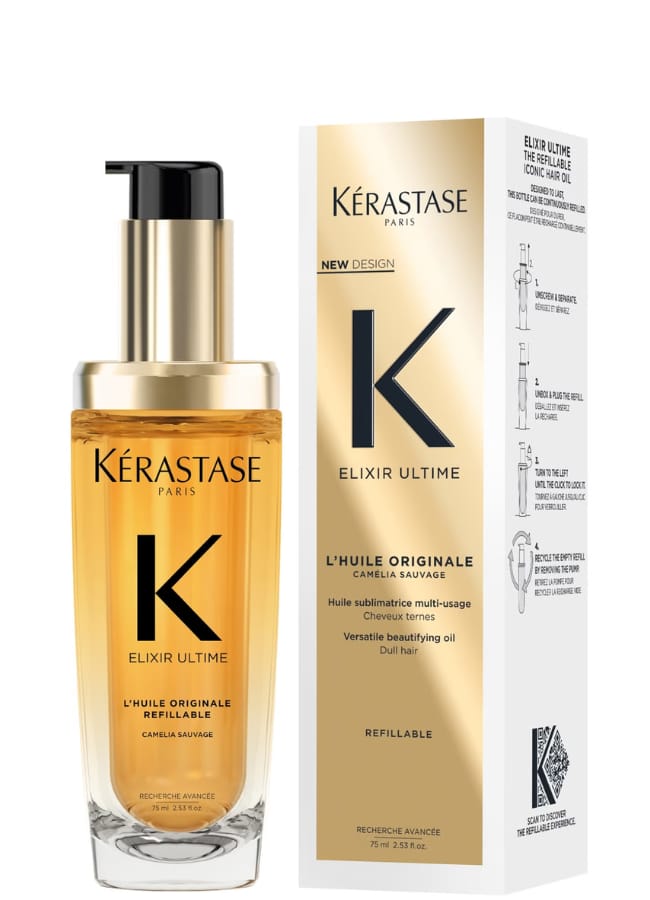 A bottle of Kérastase Elixir Ultime L’Huile Originale hair oil with a gold pump sits beside its sleek packaging, perfect for adding shine and softness to any style—even a bold Pamela Anderson mullet.