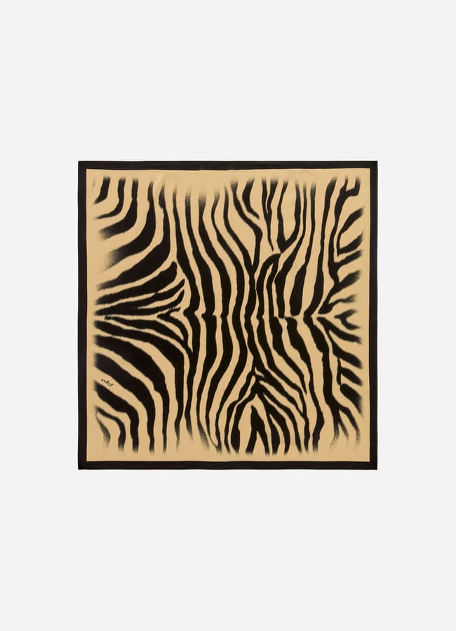 A rectangular rug with a bold black and tan zebra print pattern, bordered by a thin black frame, displayed on a plain white background.