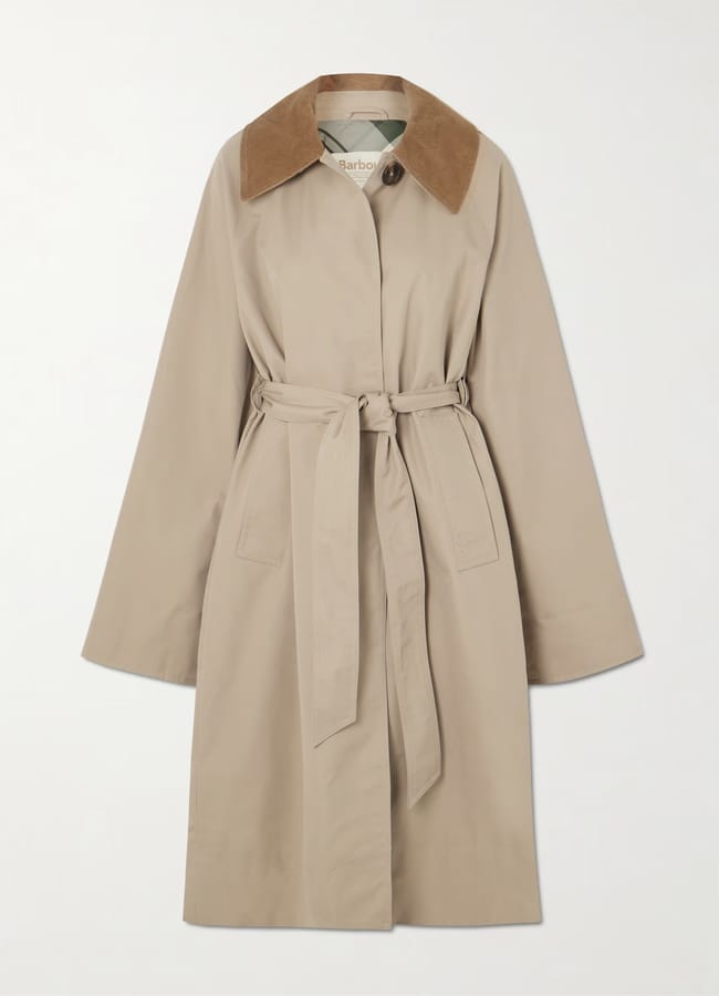A beige trench coat with a brown corduroy collar, belted waist, long sleeves, and two front pockets—one of the best trench coats for timeless style—displayed on a white background.