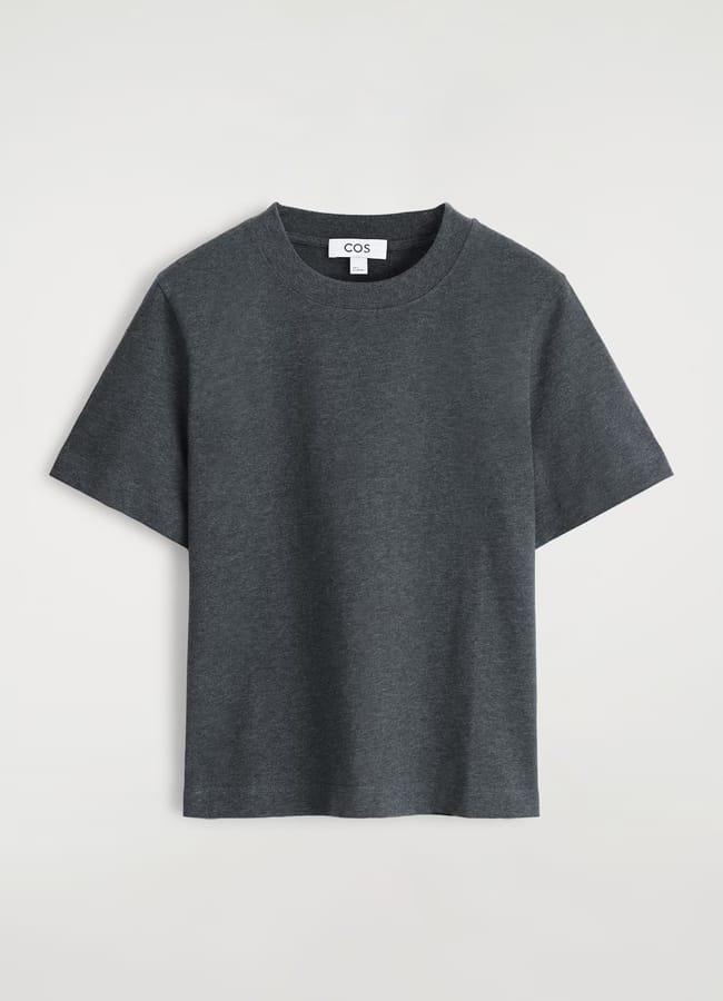A plain, dark grey short-sleeve T-shirt is displayed against a light background. With its classic crew neckline and minimalist design, it’s the perfect piece to recreate popular Insta dupes in your everyday wardrobe.