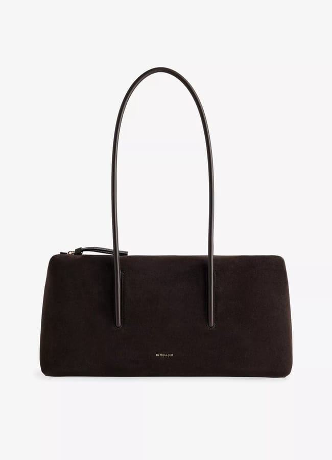 A rectangular black suede handbag with two long, thin handles and a small gold logo near the bottom centre—perfect to recreate your favourite wardrobe looks or find chic Insta dupes—displayed against a white background.